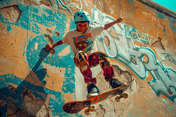 Skateboarder Performing a Trick Against Graffiti Wall