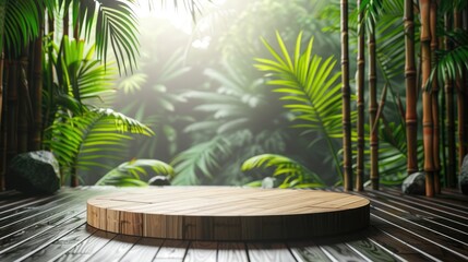 round wooden podium with emty space for product display featuring tropical greenery bamboo forest  background