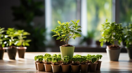 Green Indoor Plants in Pots on Wooden Table Against Blurred Window Background
