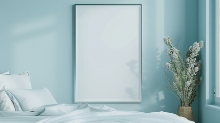 Minimalist bedroom design featuring a blank frame mockup on a soft light blue wall.