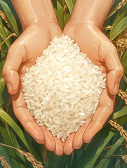 A symbol of harvest: a white rice illustration in hand