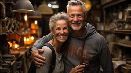 Obraz premium Happy Mature Couple Enjoying Time Together in a Quaint Antique Shop Surrounded by Vintage Items
