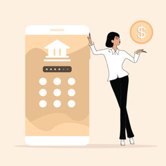 Vector illustration of a woman entering a bank password
