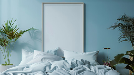 Simple and clean bedroom with a blank frame mockup on a pastel blue wall.