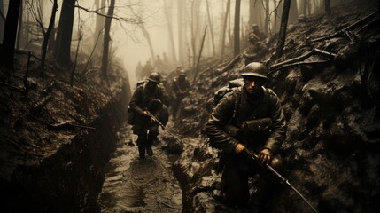 World War 1 Battle of Verdun: French Soldiers in a Muddy Trench Amidst a Foggy Forest