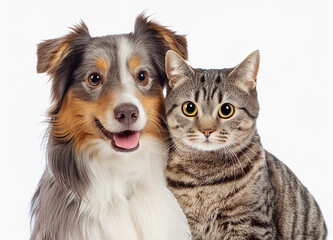 Happy dog and cat that looking at the camera together isolated on white background