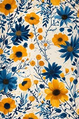 Floral pattern features array of blue, yellow flowers, intermixed with delicate foliage on light background. Spring, summer themes, perfect for textiles, wallpapers, decorative applications