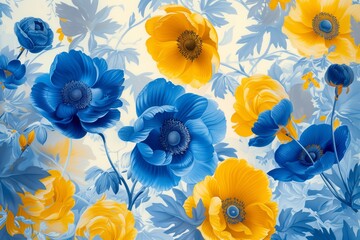 Illustration features oversized blue, yellow flowers on muted background. Vibrant colors, detailed rendering give flowers luminous, almost surreal appearance, decor, fashion designs