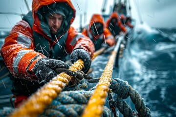 Dramatic image of a sailor in safety gear working with ropes amidst heavy rain and rough sea conditions on a boat