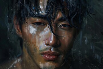 intense brooding closeup portrait of rugged korean male model with piercing gaze and chiseled features powerful digital painting illustration