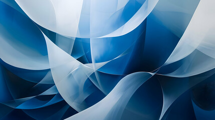 Elegant abstract art with minimalist geometric shapes and smooth curves in a luxurious palette of sapphire blue and bright white