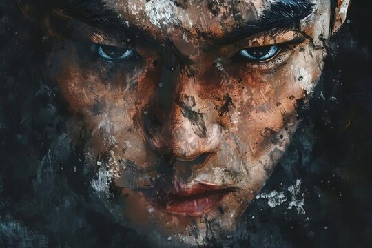 intense brooding closeup portrait of rugged korean male model with piercing gaze and chiseled features powerful digital painting illustration