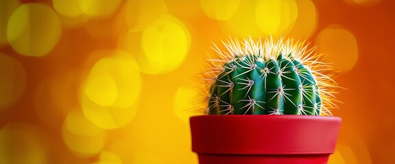 Vibrant cactus in a red pot contrasts with a bright yellow and orange textured background