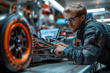 Obraz premium A focused mechanic calibrates and works on a sophisticated motorcycle part in a modern workshop with precision tools
