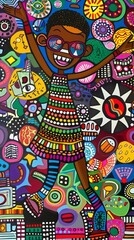 African Young Woman Dancing in Vibrant Colorful Oil Painting