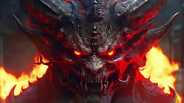 Dark horned demon with glowing red eyes in a fire-lit backdrop. Hellish creature in a hell. Concept of Halloween, mythical beings, dark fantasy art. Motion