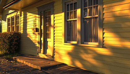 A golden hour shot of a buttercup yellow house, with long shadows and a warm glow on the facade.