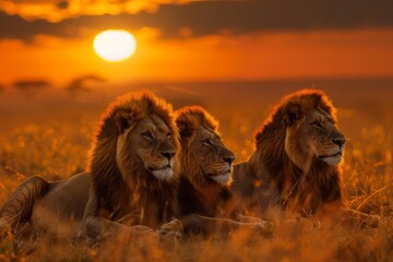 majestic lion pride resting in golden african savanna sunset wildlife photo