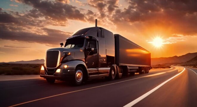 semi truck on desert highway at sunset