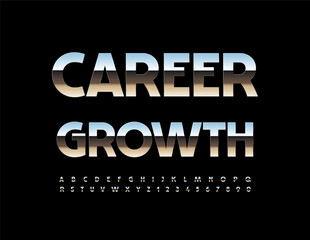 Vector motivational logo Career Growth. Modern Silver Font. Reflective Metallic Alphabet Letters and Numbers set.