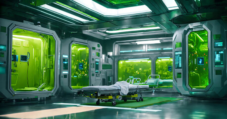 Green futuristic advanced medical technology room with one healthcare clean bed for patients,...
