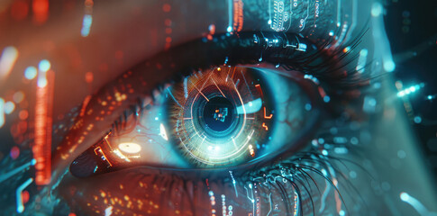 A closeup of an eye displaying digital data and holographic projections around the iris with futuristic vision technology.