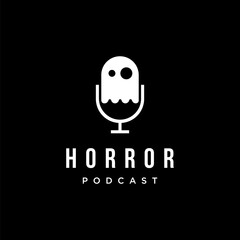 Minimalist Mystery podcast, Horror podcast logo icon vector with ghost microphone flying idea