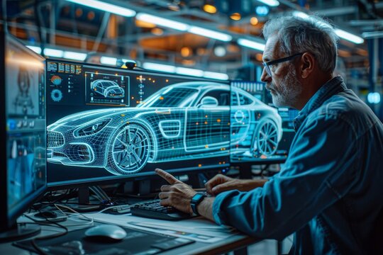 Concentrated automotive designer works on a 3D car model using advanced graphical design software in a modern lab