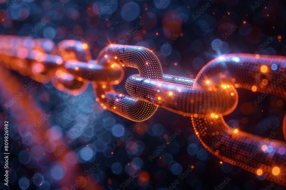 Poster a close-up image capturing the abstract representation of a blockchain with glowing connections and 