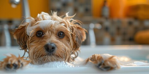 A little dog taking a bath in the bathtub.