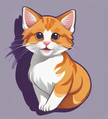 Fototapeta premium The image features a cartoon-style depiction of an orange and white cat with striking blue eyes. The cat has a fluffy coat, long whiskers, and is sitting upright on its hind legs. It appears to be loo
