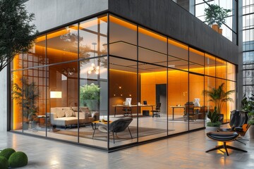 Fototapeta premium Image features a luxurious and modern office interior with warm lighting, cozy furniture, and elegant decor