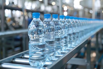 precision purity clear water bottles on conveyor belt in modern bottling plant hygienic production line focus