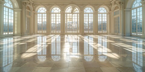 Fototapeta premium Sunlit room with large windows, soft shadows, and a neutral color scheme.