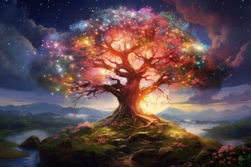 Mystical Spring magic tree. Nature park summer. Generate Ai