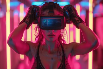 A powerful woman boxer harnesses VR technology to enhance her training routine in a neon-lit space