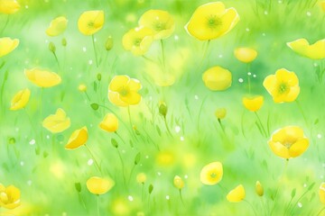 Watercolor buttercups, with bright yellow flowers