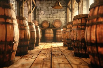 rustic whiskey barrels aging in traditional distillery warehouse warm amber tones 3d illustration - obrazy, fototapety, plakaty