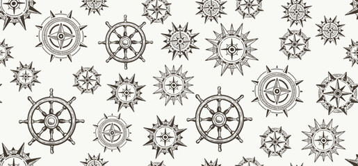 Compass Wind rose, Ship wheel, pattern, hand drawn Illustration.