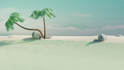 Empty summer tropical beach with coconut palms and stones. Summer travel concept. 3d render. Front view - 809828930