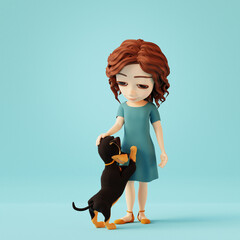Girl playing with cute dachshund dog on blue background. 3D cartoon character - 809828944