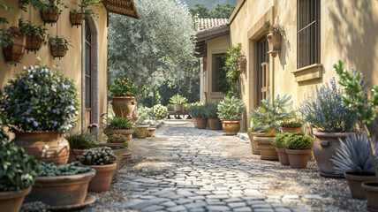 A light olive house with a rustic charm, featuring a stone walkway and a variety of potted plants.