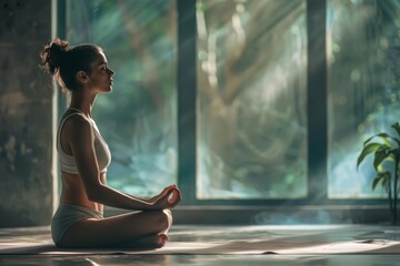 Fototapeta premium A yoga practitioner in a serene studio setting underscores wellness and holistic health, ideal for fitness and lifestyle campaigns