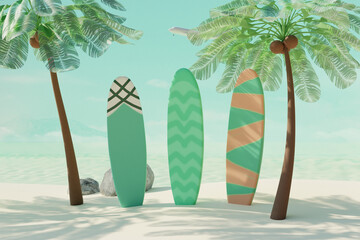 Summer tropical beach with coconut palms and surfboard on sand. Summer travel concept. 3d render - 809829313