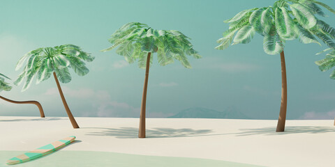 Summer tropical beach with coconut palms and surfboard on shore. Summer travel concept. 3d render - 809829314