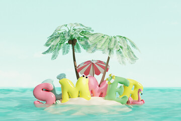 Tropical island with Summer text, coconut palms, beach umbrellas and sun accessories in ocean. Summer travel concept. 3d render - 809829367