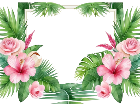 Photo frame. Flowers, palm leaves, greenery, watercolor, rectangular shape with clip art