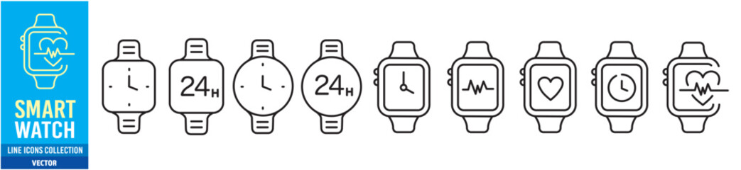 Wristwatch line icon. Smartwatch Hand watch physical fitness telemedicine. set of vector icon collection. Editable stroke.