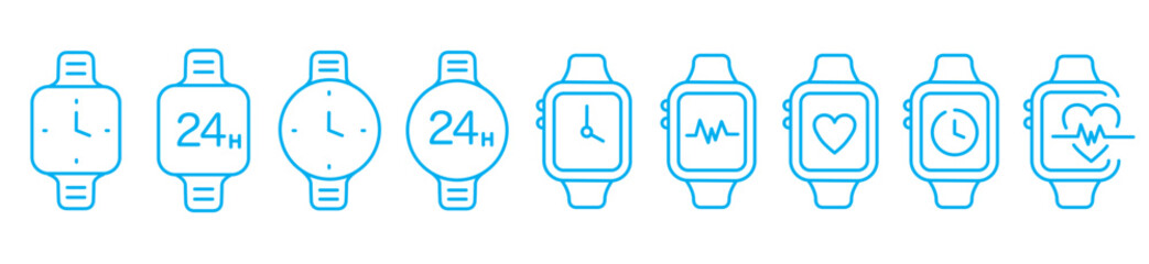Wristwatch line icon. Smartwatch Hand watch physical fitness telemedicine. set of vector icon collection. Editable stroke.