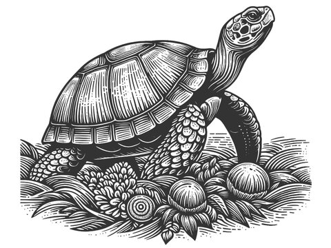 Sea turtle sketch engraving generative ai fictional character vector illustration. Scratch board imitation. Black and white image.
